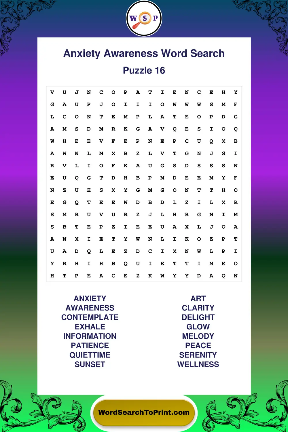 Anxiety Awareness Word Search Puzzle 16