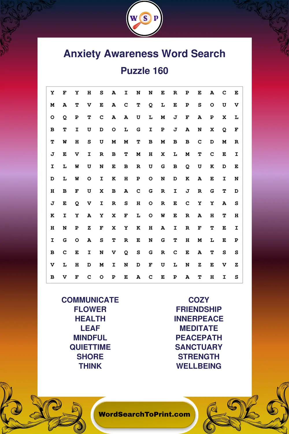 Anxiety Awareness Word Search Puzzle 160