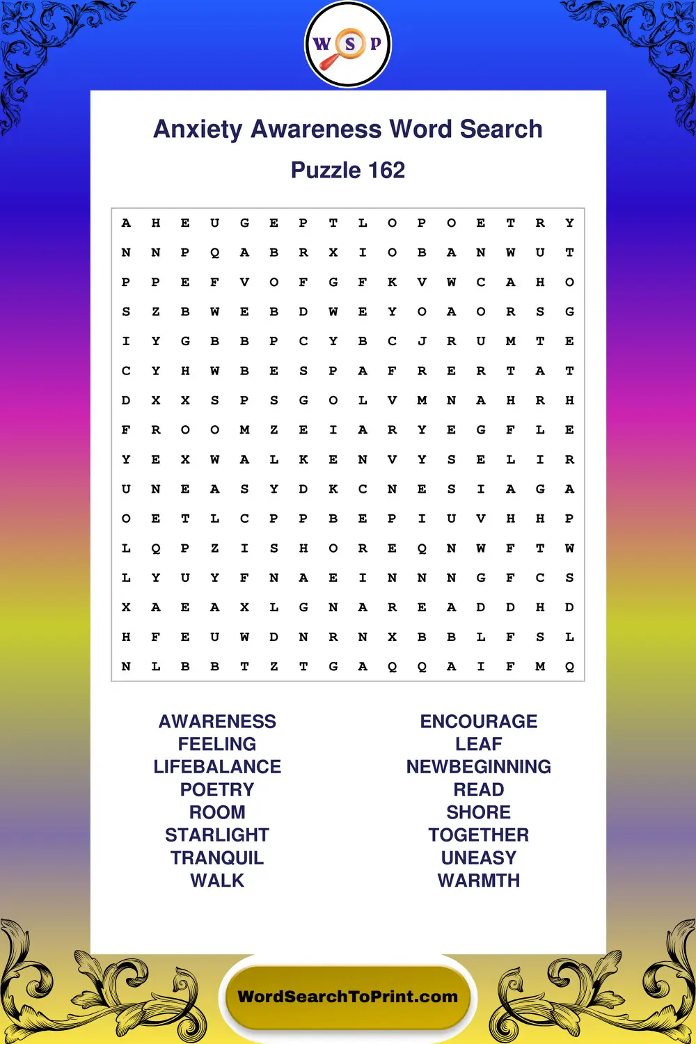 Anxiety Awareness Word Search Puzzle 162