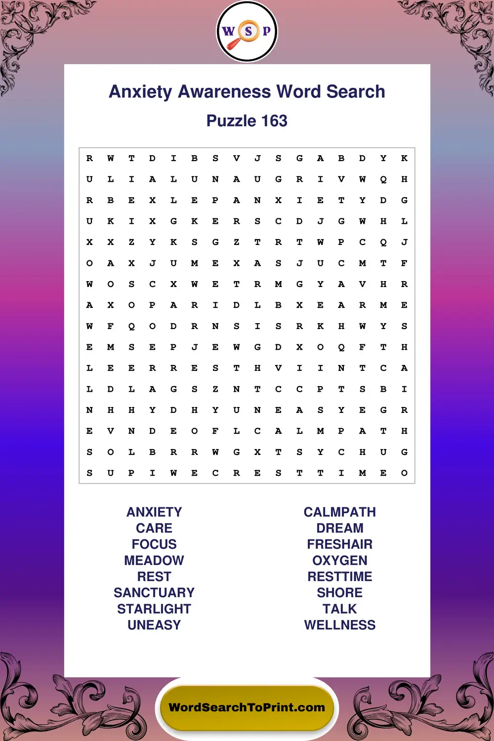 Anxiety Awareness Word Search Puzzle 163