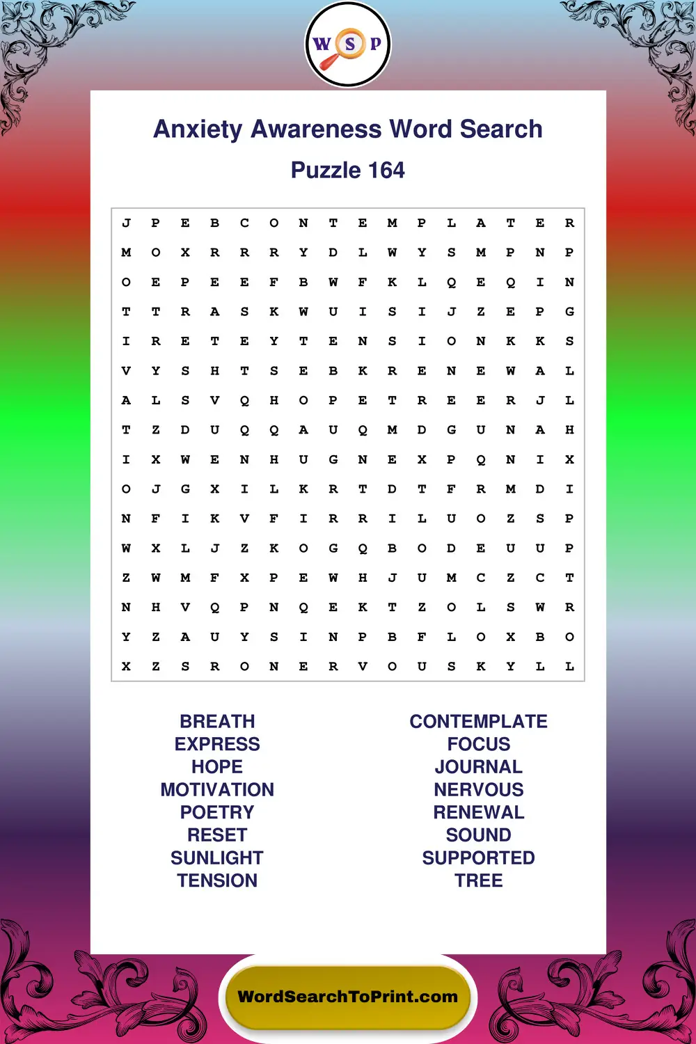 Anxiety Awareness Word Search Puzzle 164