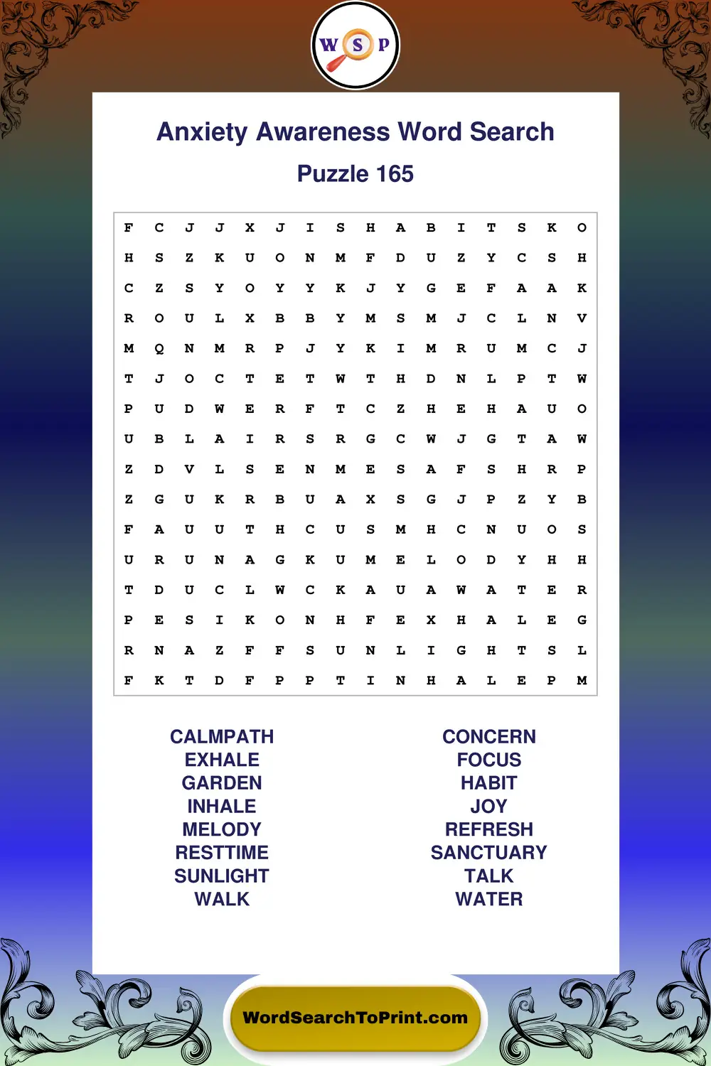 Anxiety Awareness Word Search Puzzle 165