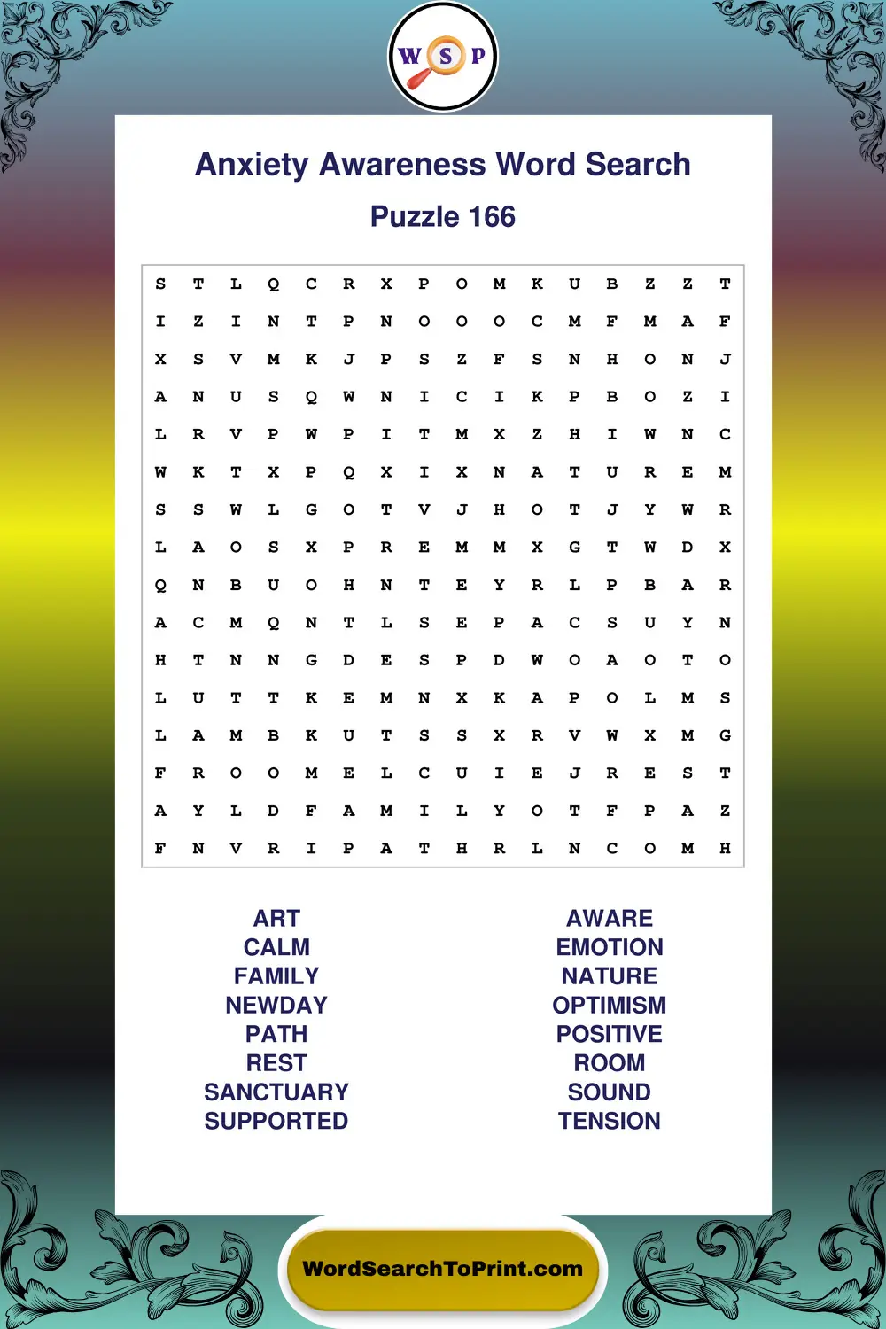Anxiety Awareness Word Search Puzzle 166