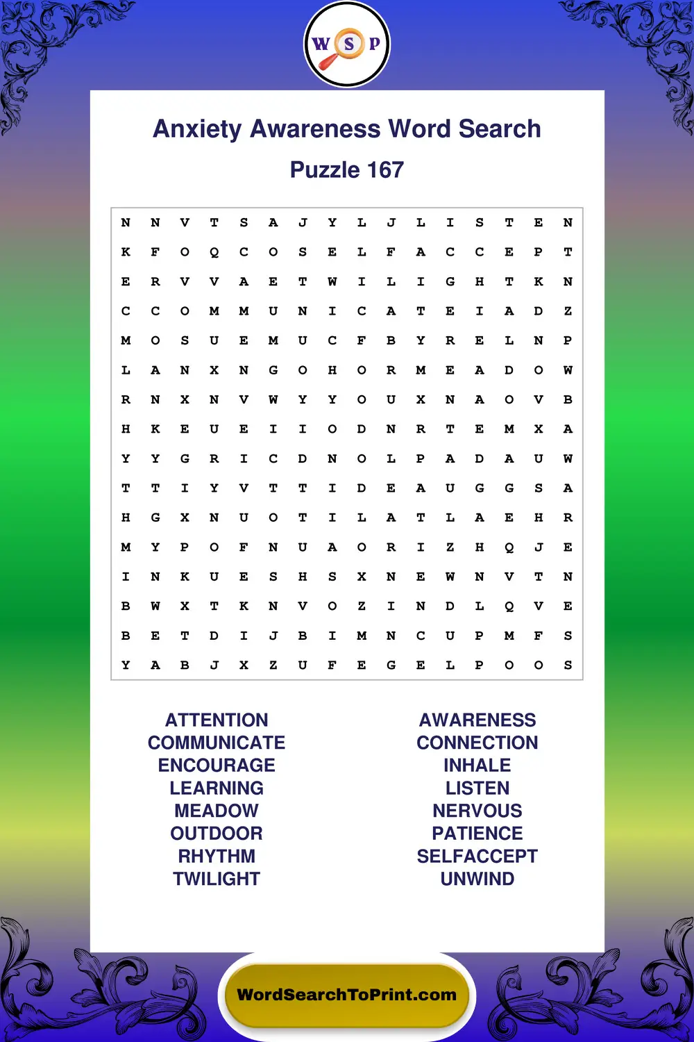 Anxiety Awareness Word Search Puzzle 167