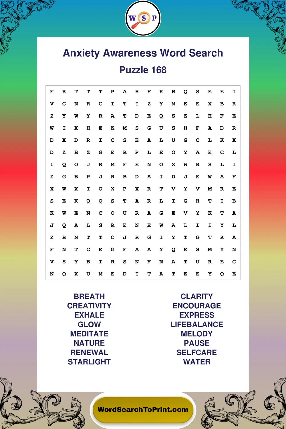 Anxiety Awareness Word Search Puzzle 168