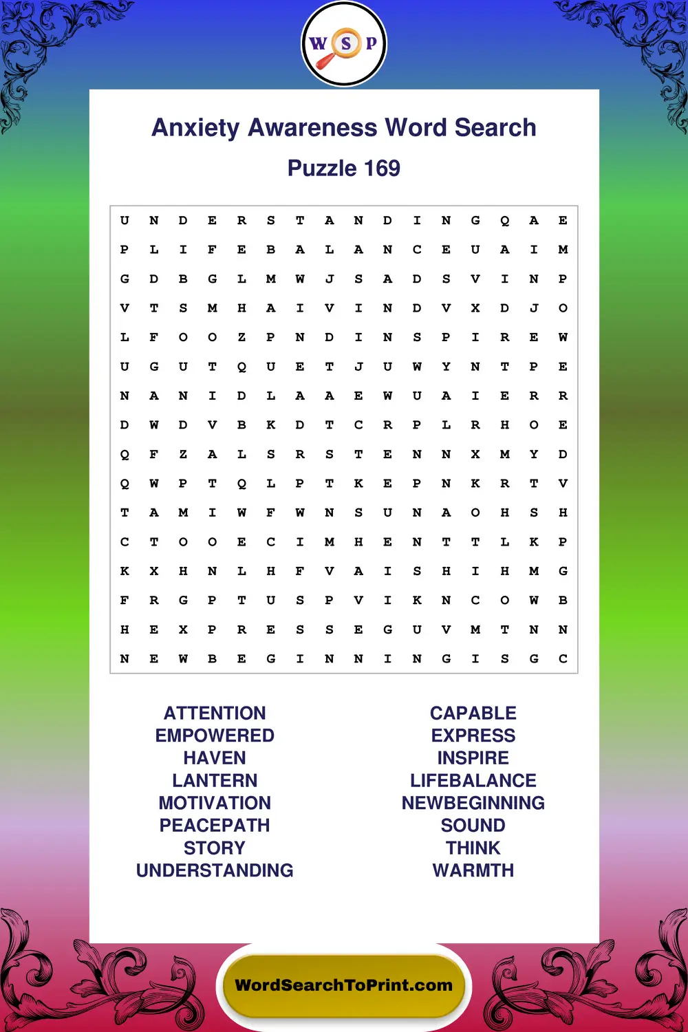 Anxiety Awareness Word Search Puzzle 169