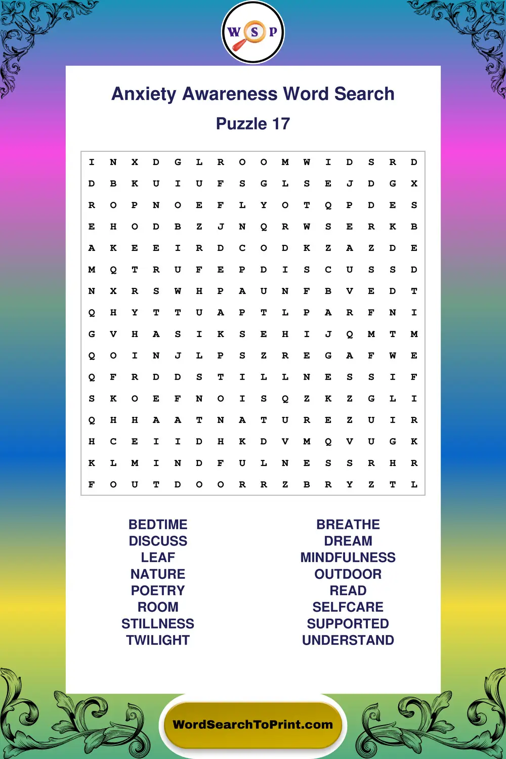 Anxiety Awareness Word Search Puzzle 17