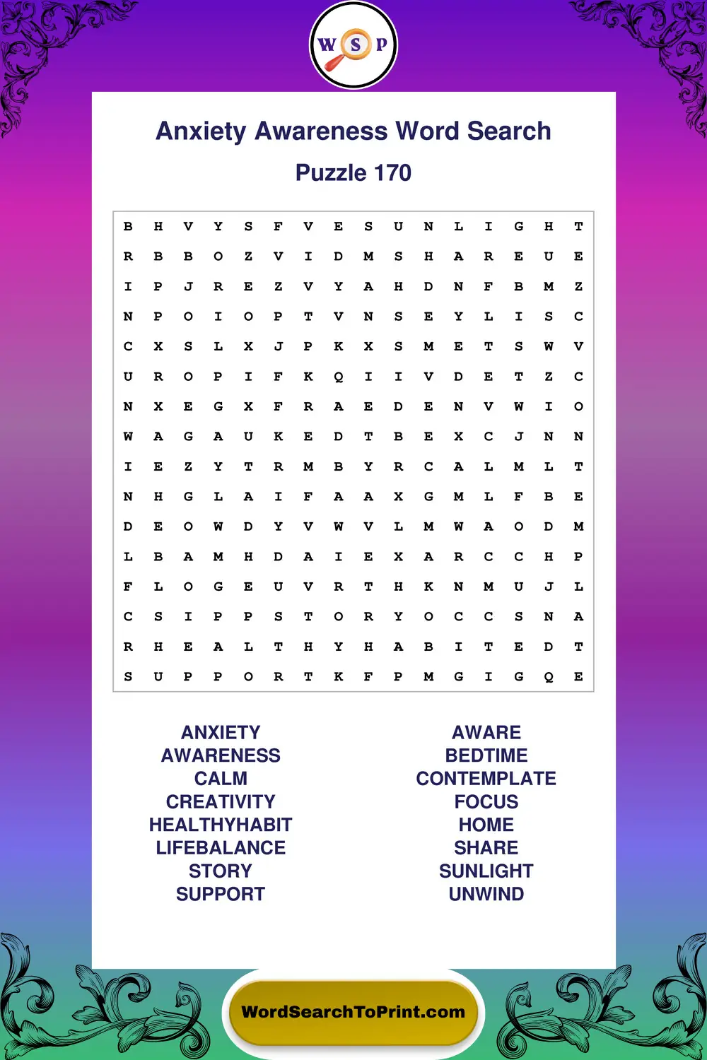 Anxiety Awareness Word Search Puzzle 170