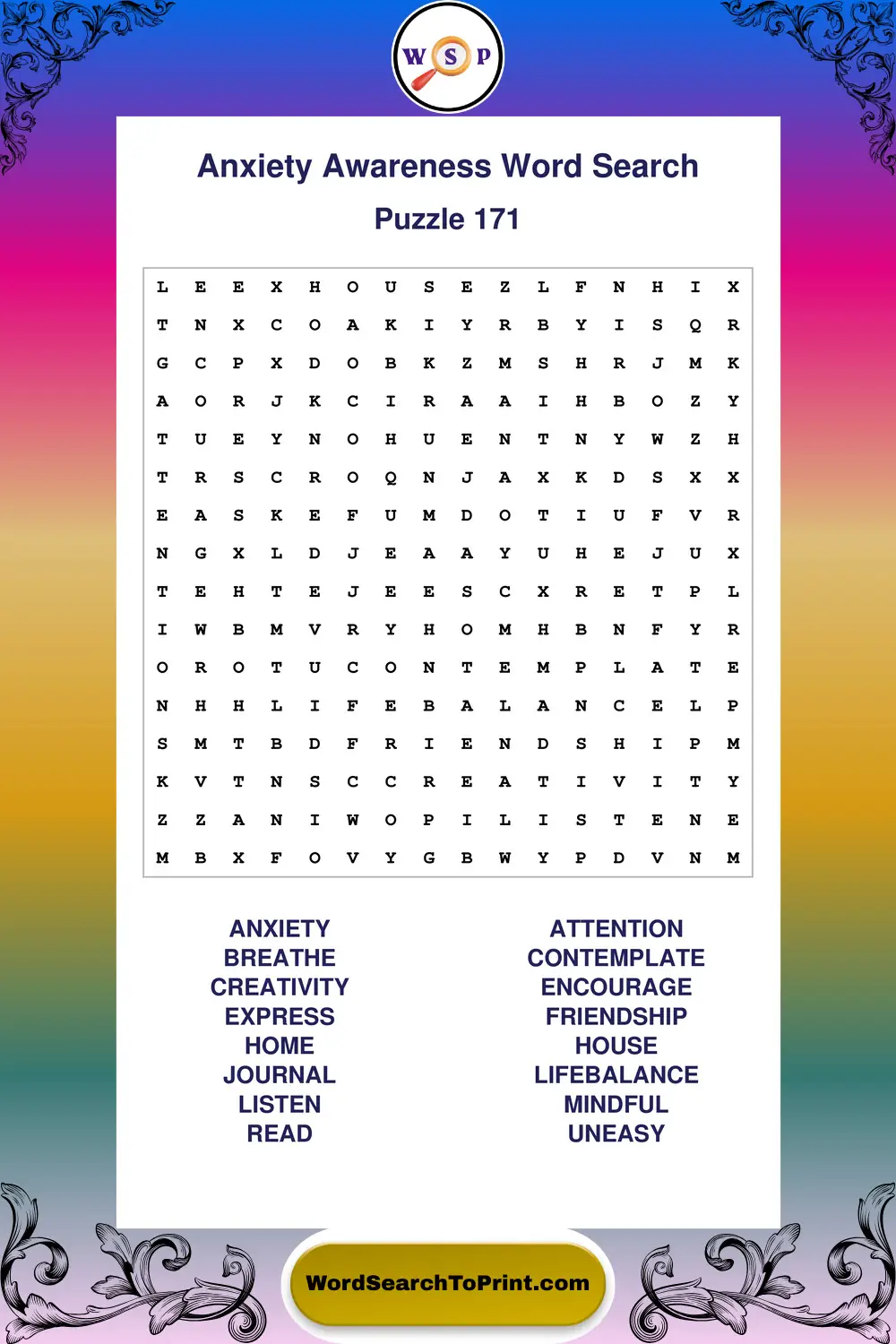 Anxiety Awareness Word Search Puzzle 171