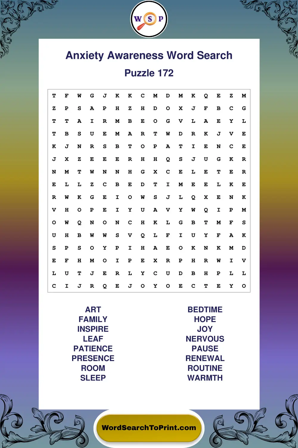 Anxiety Awareness Word Search Puzzle 172