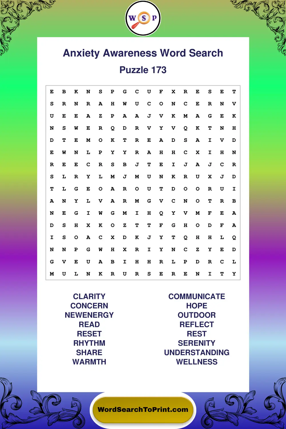 Anxiety Awareness Word Search Puzzle 173