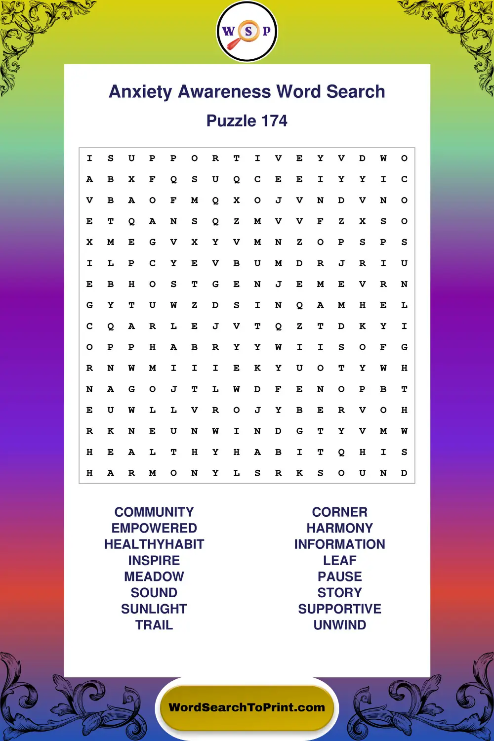 Anxiety Awareness Word Search Puzzle 174