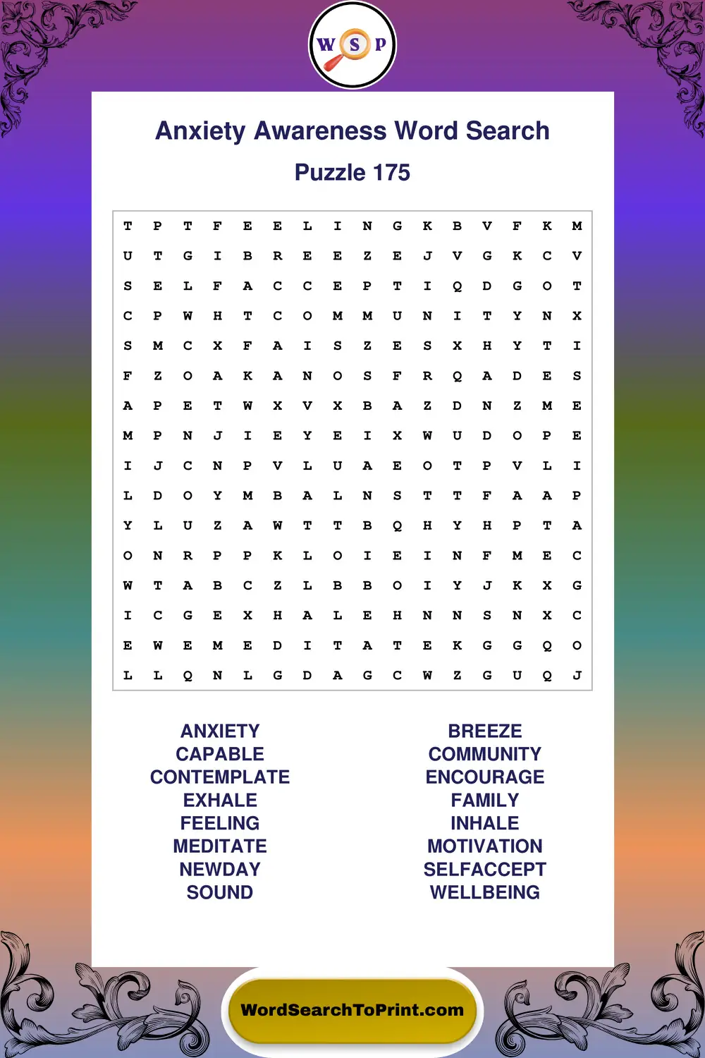 Anxiety Awareness Word Search Puzzle 175