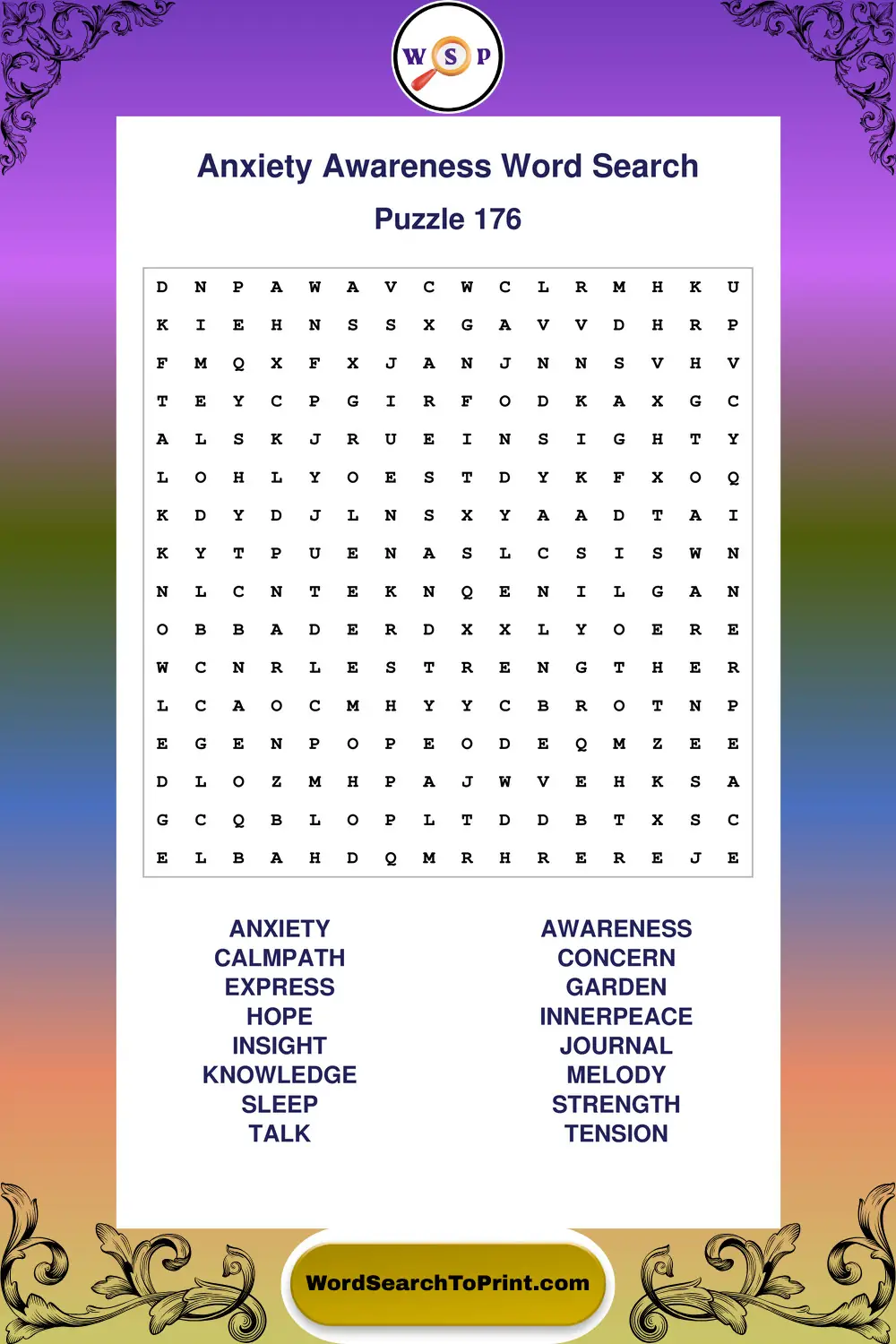 Anxiety Awareness Word Search Puzzle 176