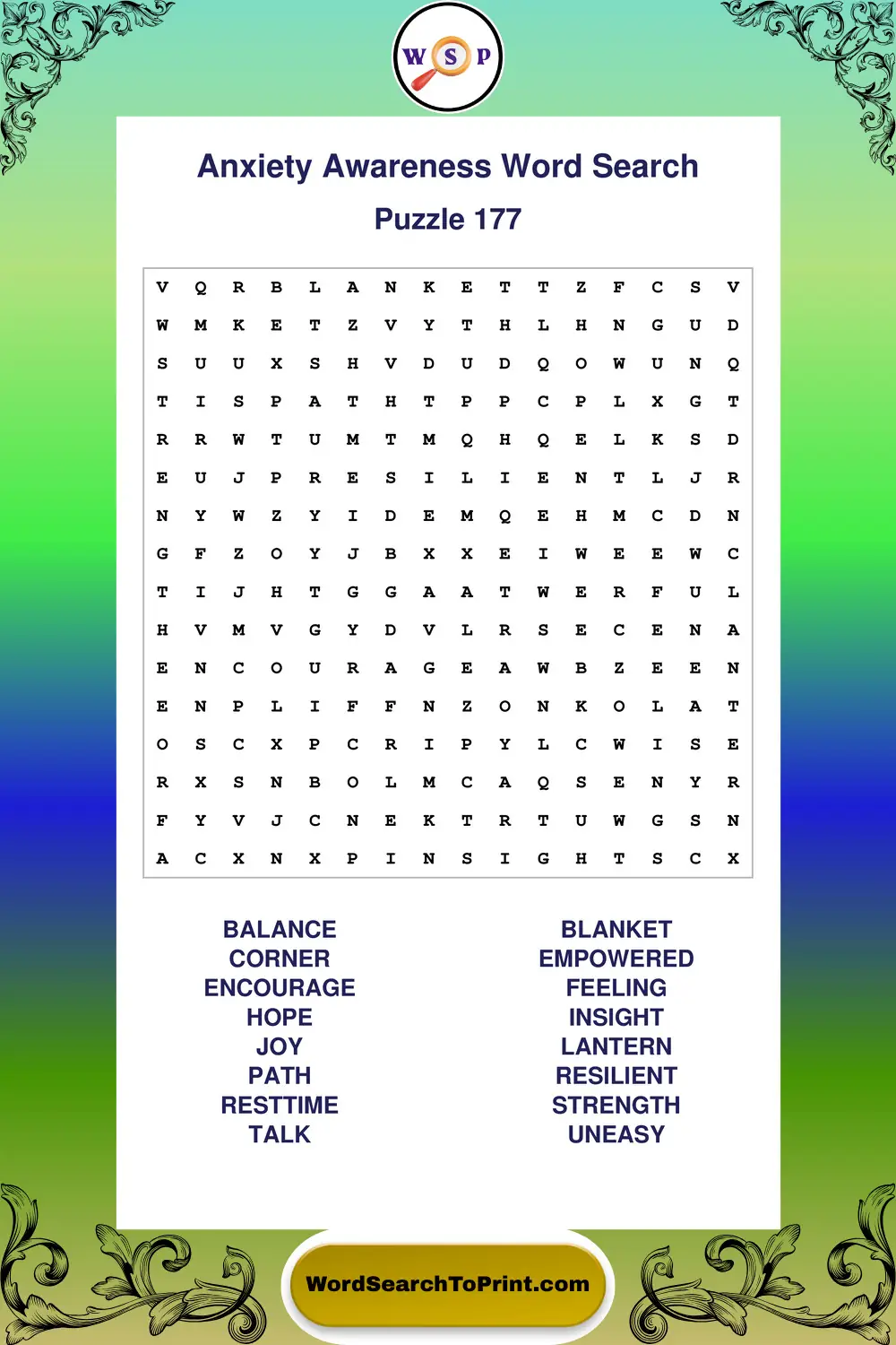 Anxiety Awareness Word Search Puzzle 177