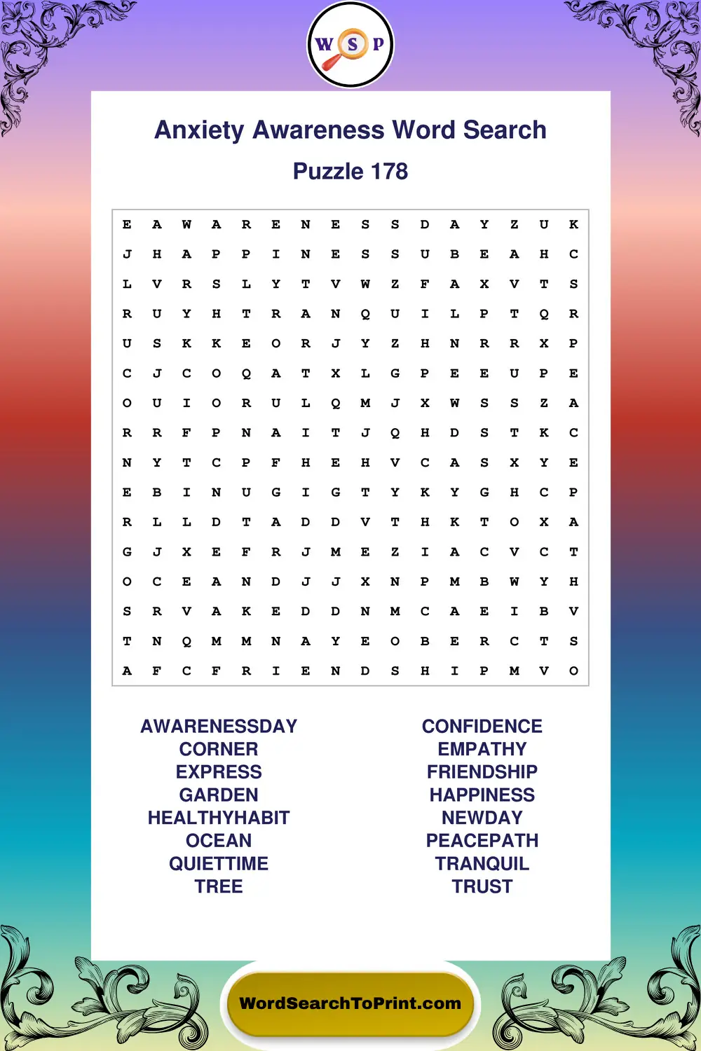 Anxiety Awareness Word Search Puzzle 178