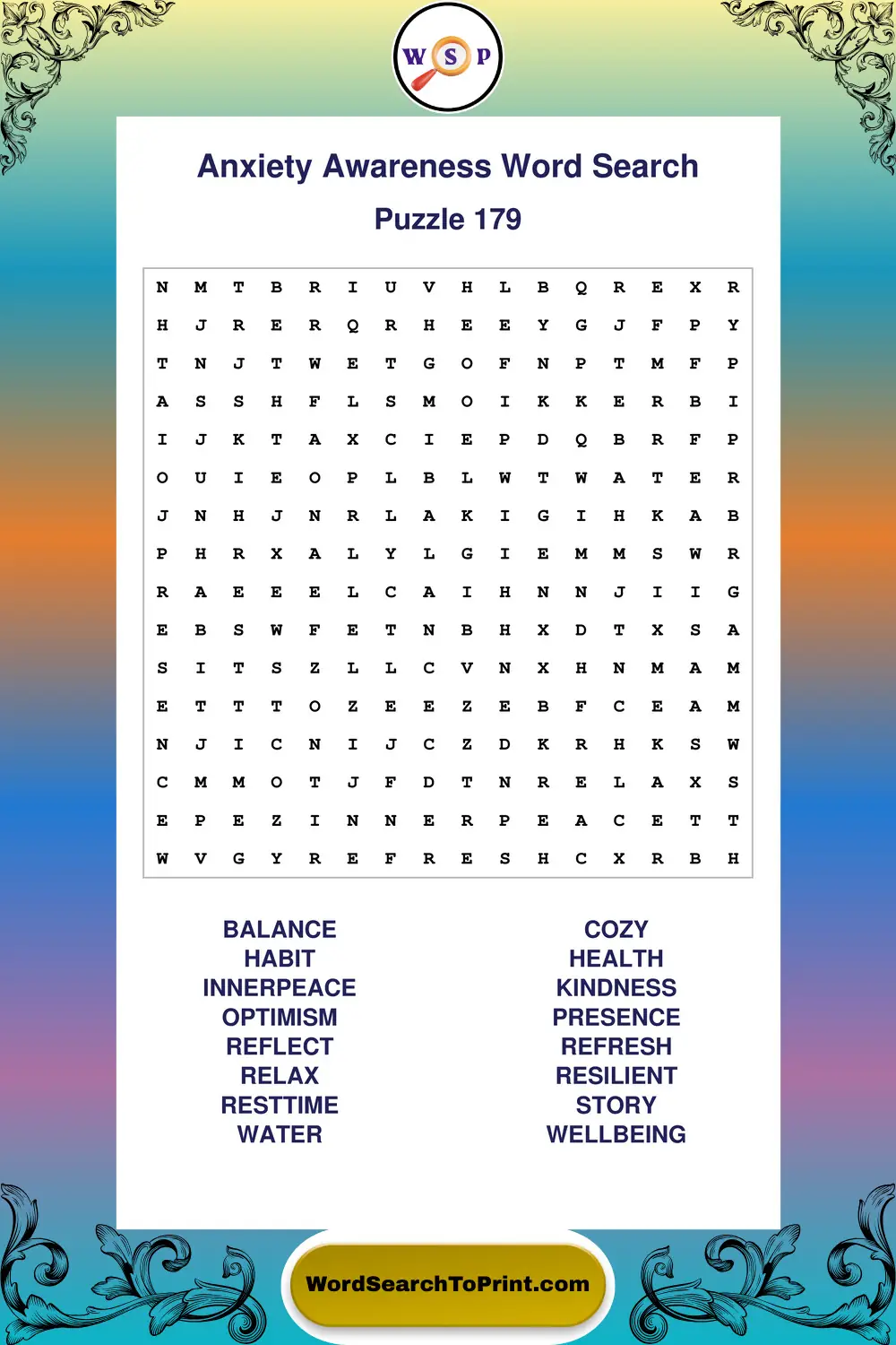 Anxiety Awareness Word Search Puzzle 179