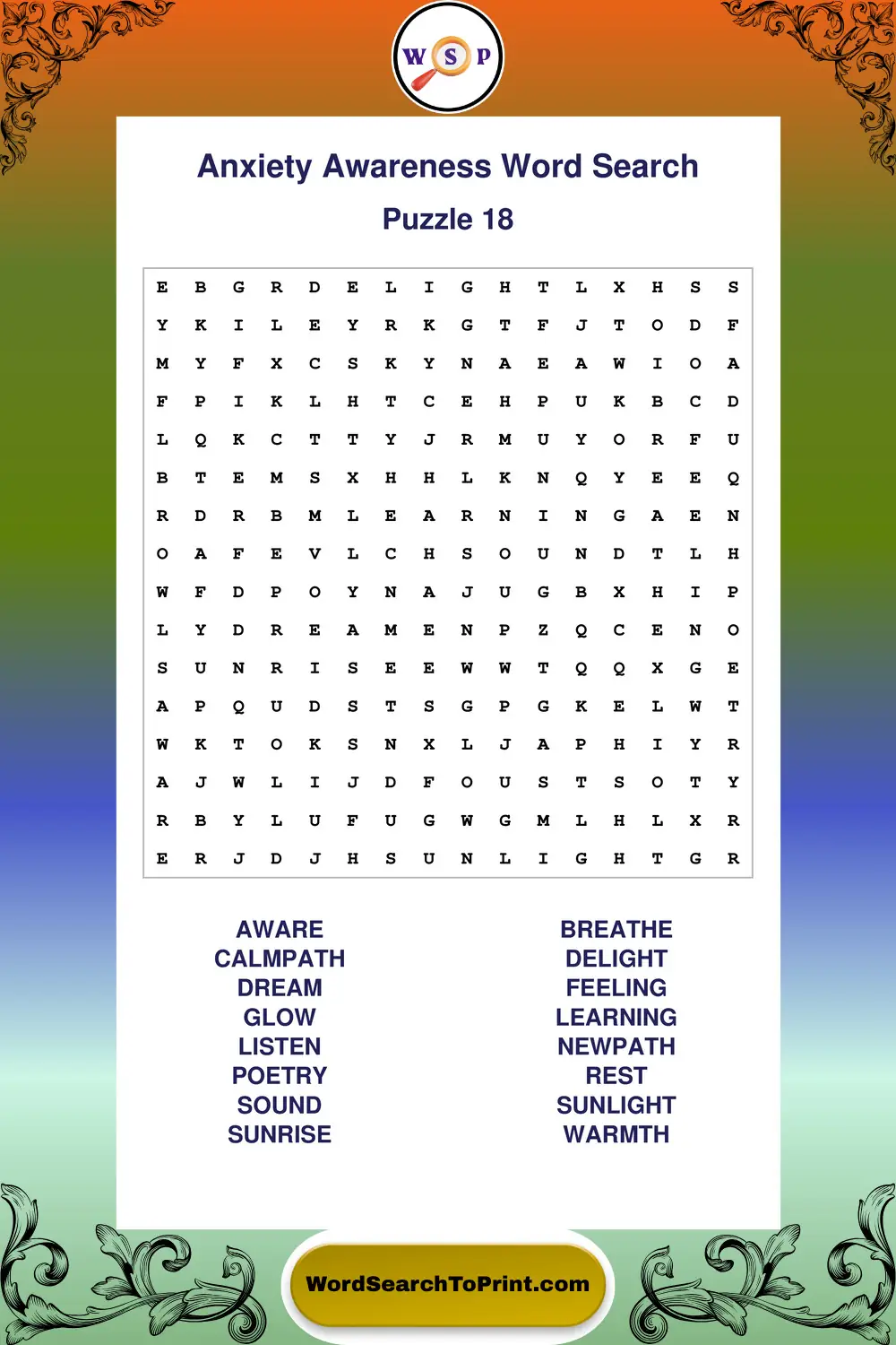 Anxiety Awareness Word Search Puzzle 18