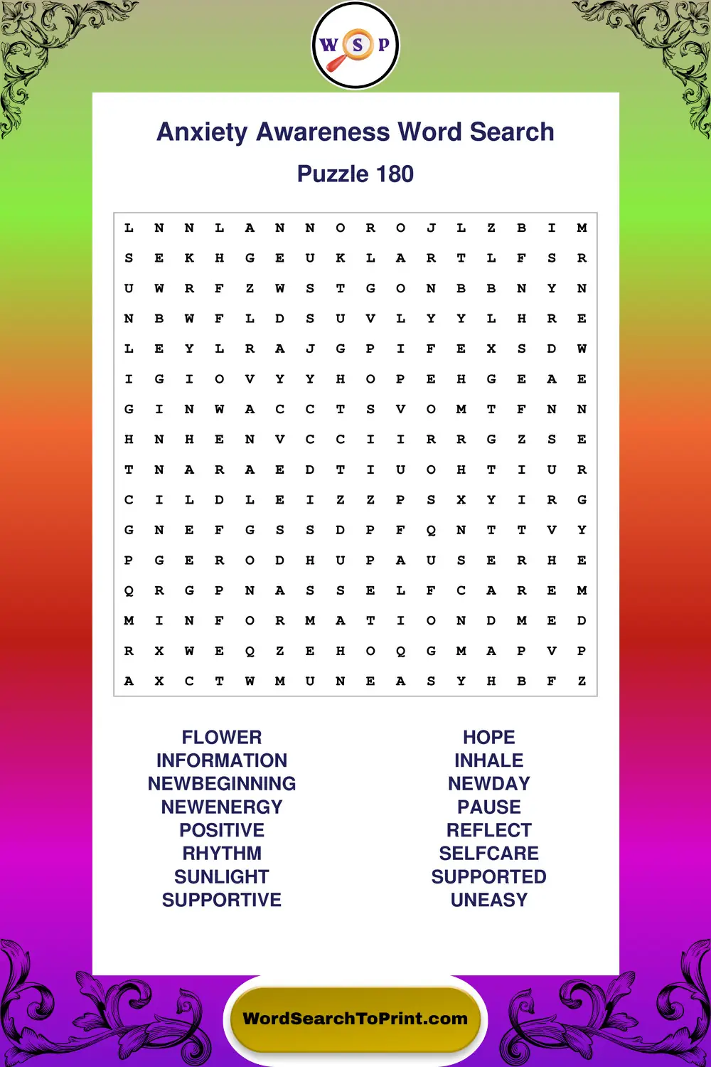 Anxiety Awareness Word Search Puzzle 180