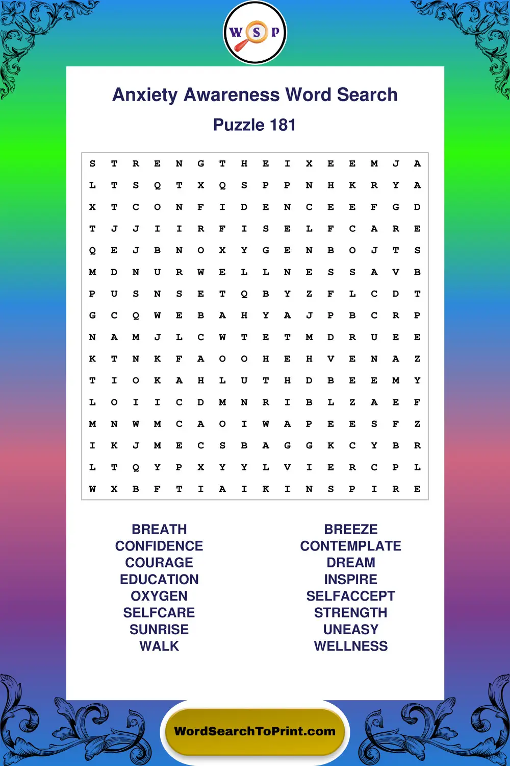 Anxiety Awareness Word Search Puzzle 181