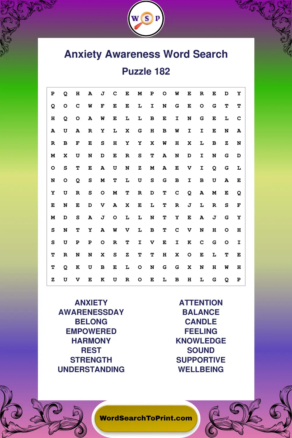 Anxiety Awareness Word Search Puzzle 182