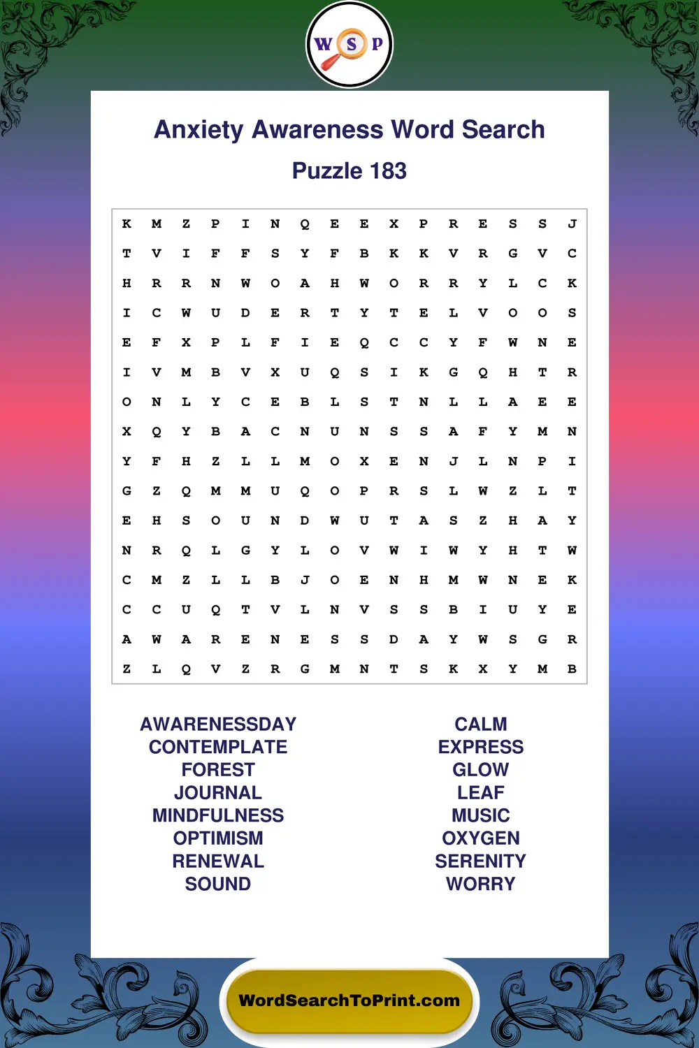 Anxiety Awareness Word Search Puzzle 183