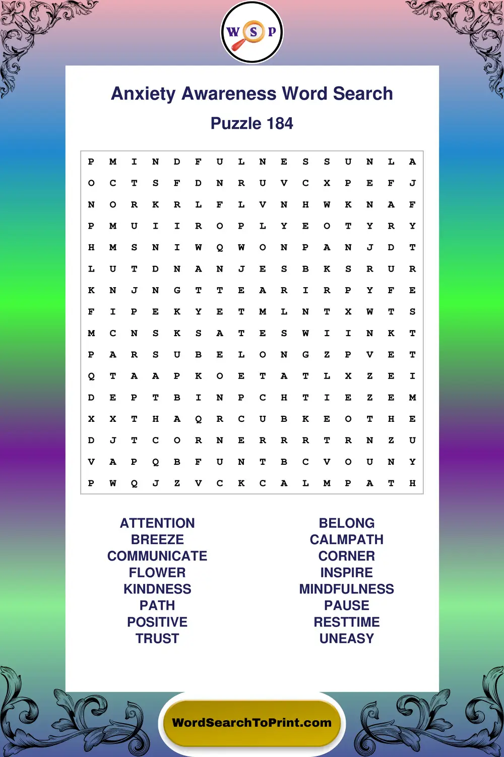 Anxiety Awareness Word Search Puzzle 184