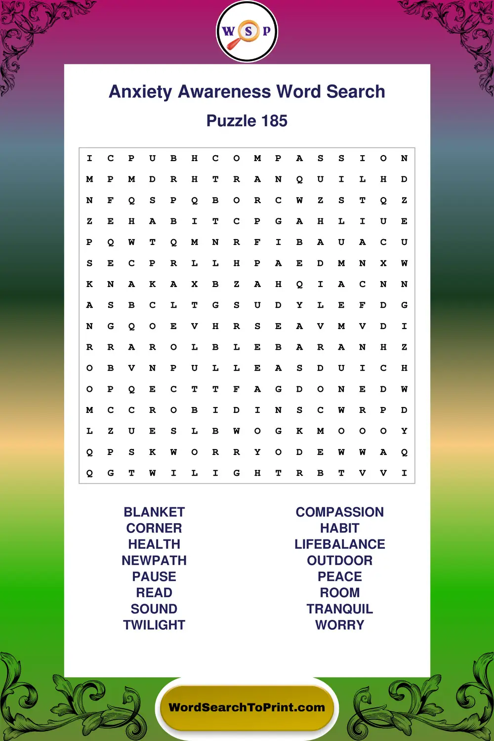 Anxiety Awareness Word Search Puzzle 185