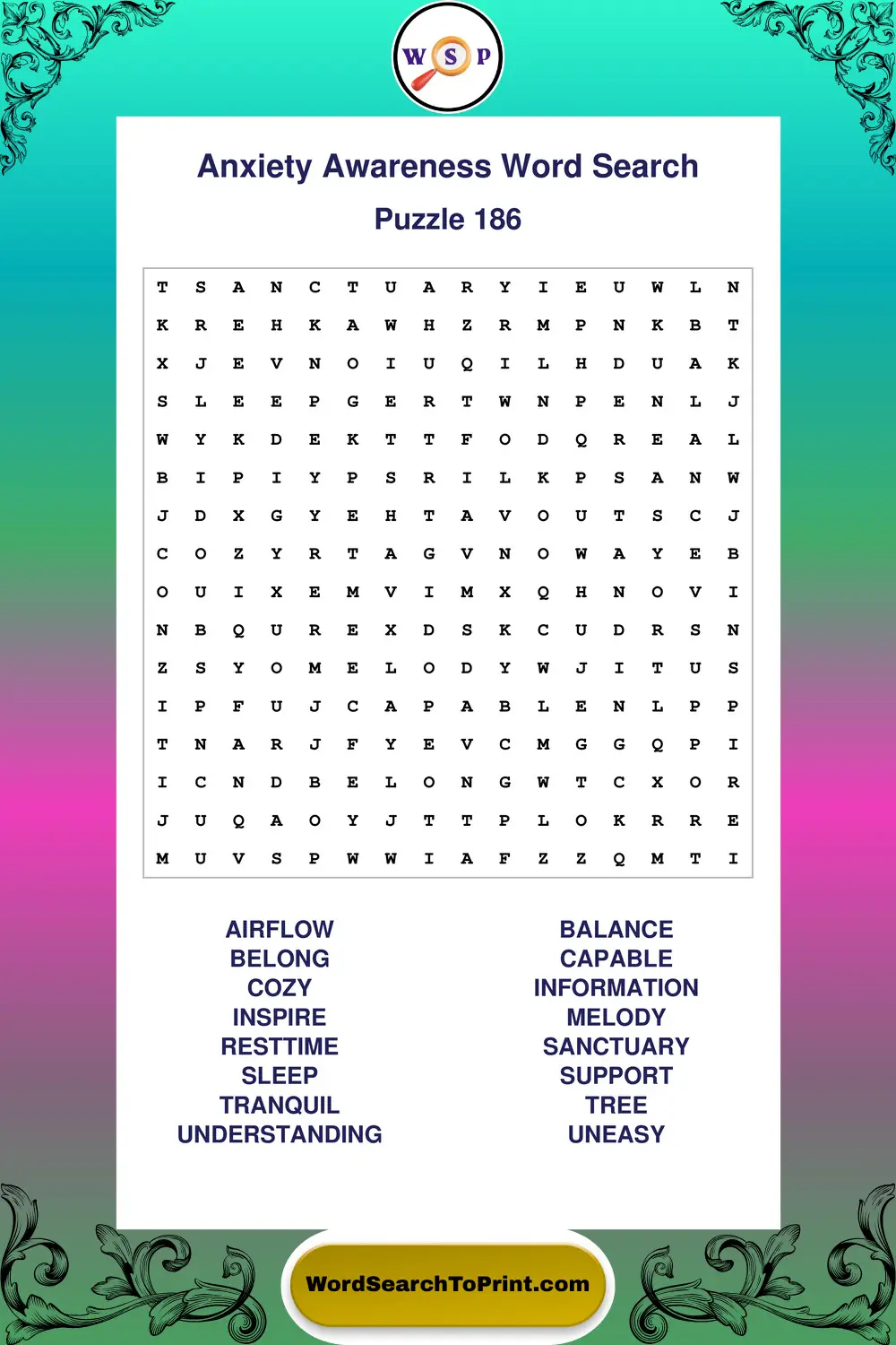 Anxiety Awareness Word Search Puzzle 186