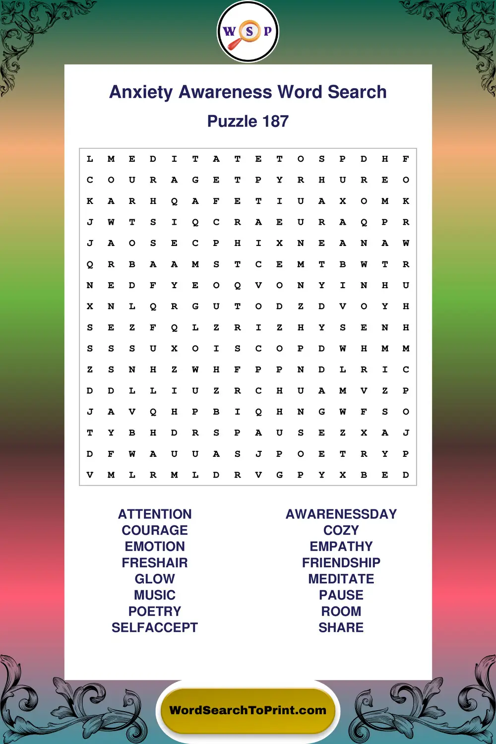 Anxiety Awareness Word Search Puzzle 187