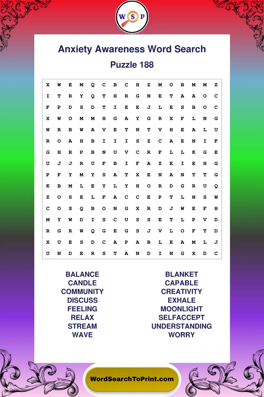 Anxiety Awareness Word Search Puzzle 188