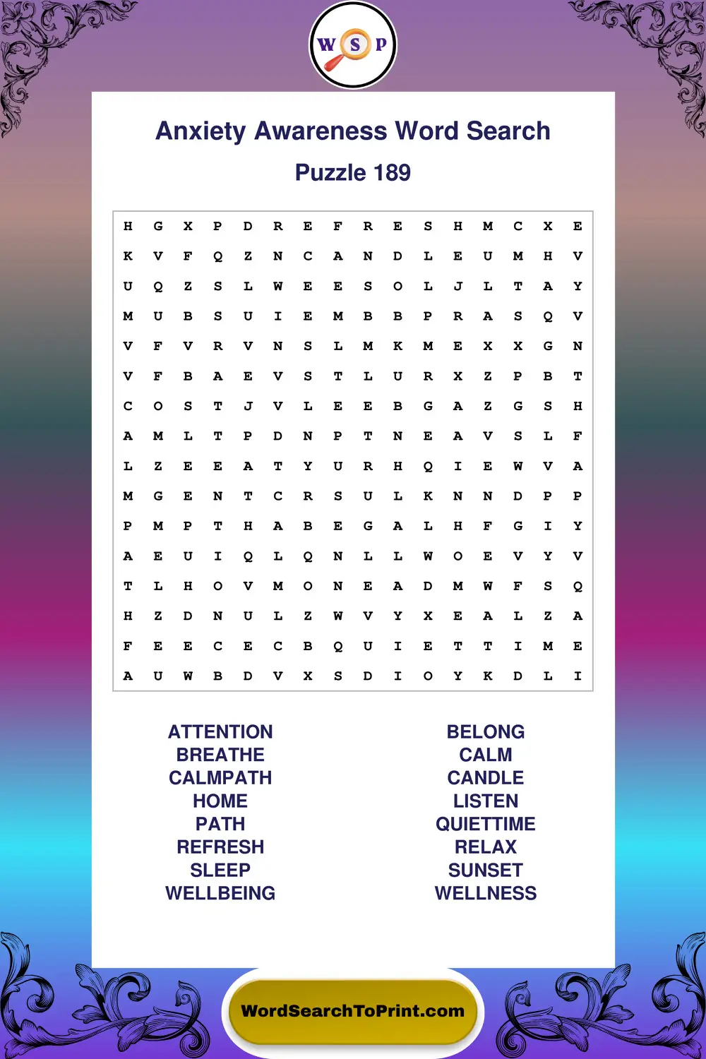 Anxiety Awareness Word Search Puzzle 189
