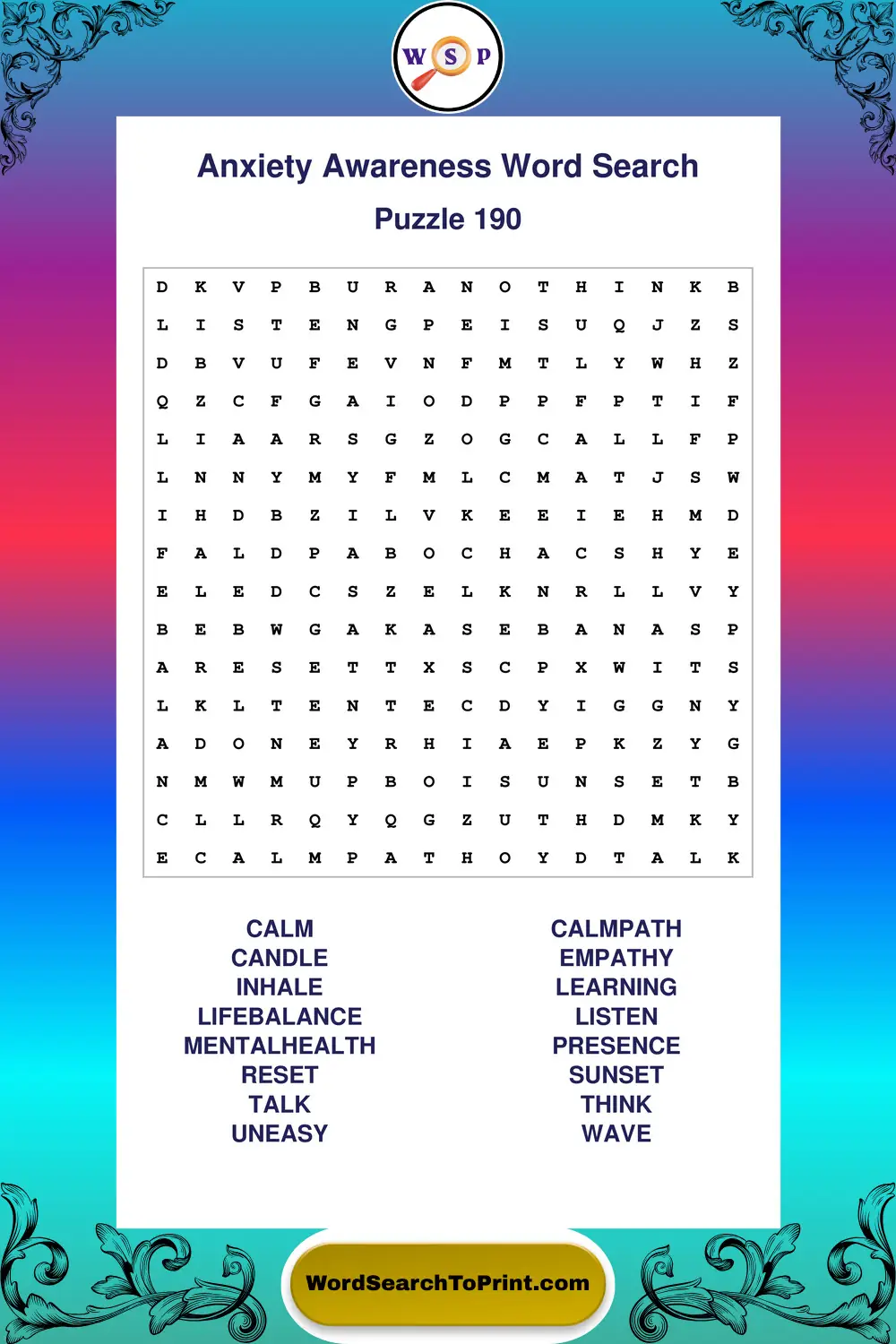 Anxiety Awareness Word Search Puzzle 190