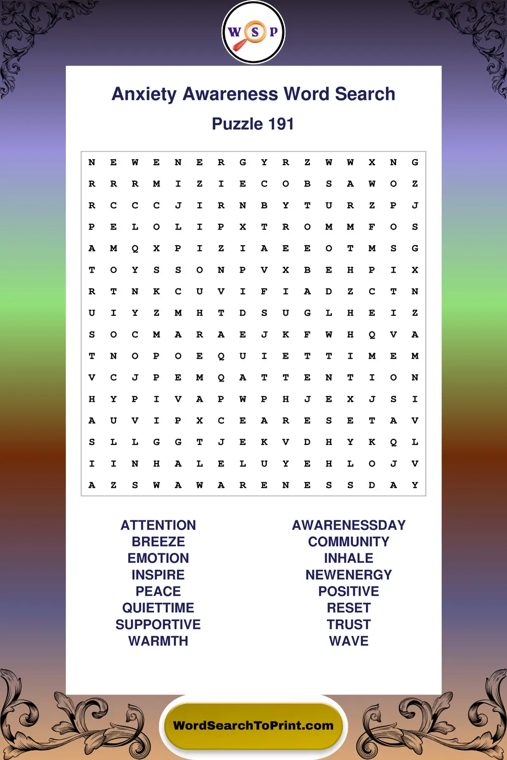 Anxiety Awareness Word Search Puzzle 191