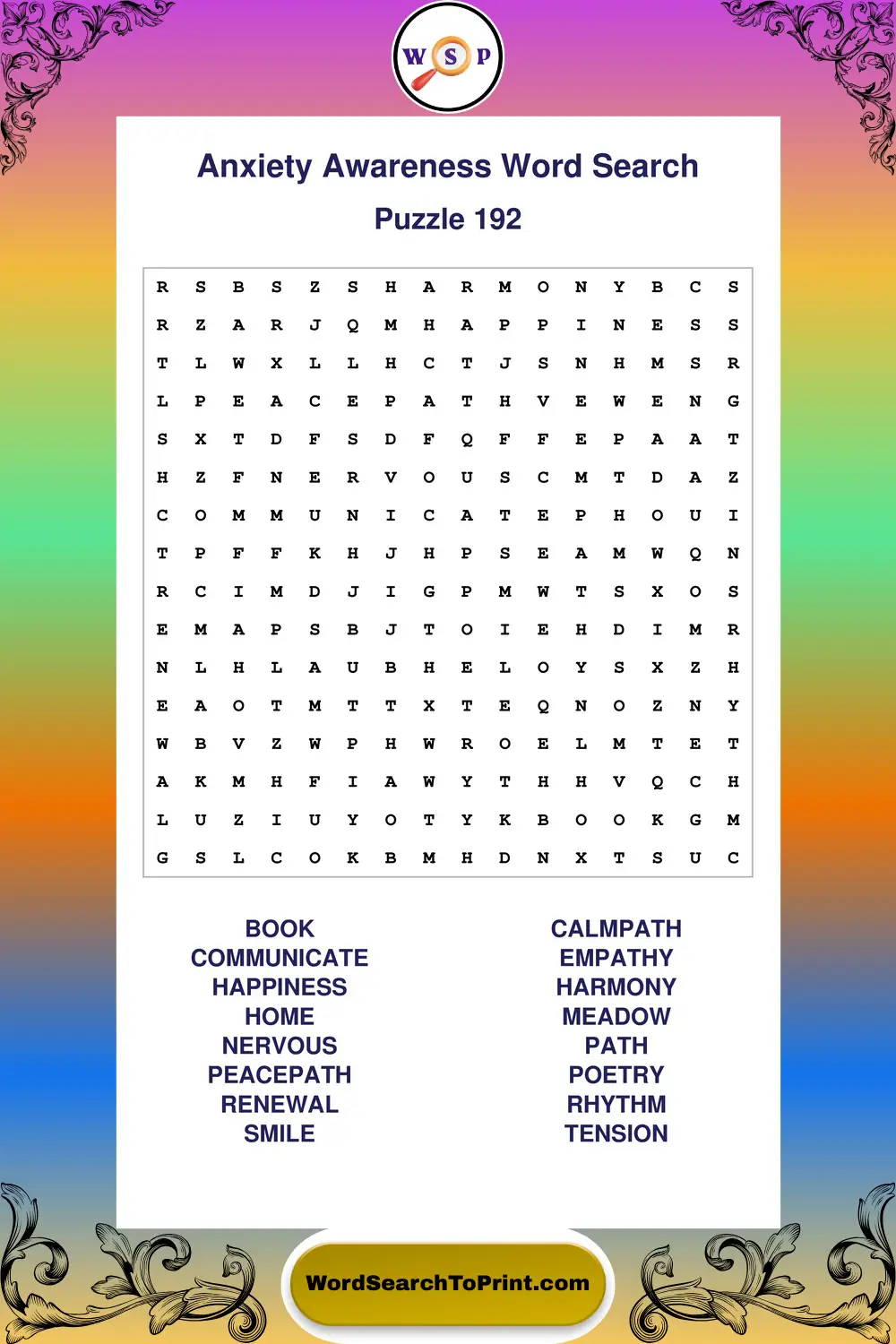 Anxiety Awareness Word Search Puzzle 192
