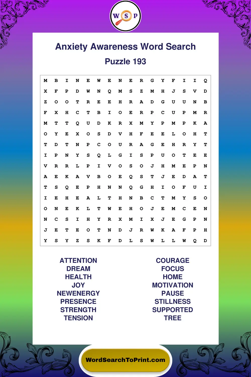 Anxiety Awareness Word Search Puzzle 193