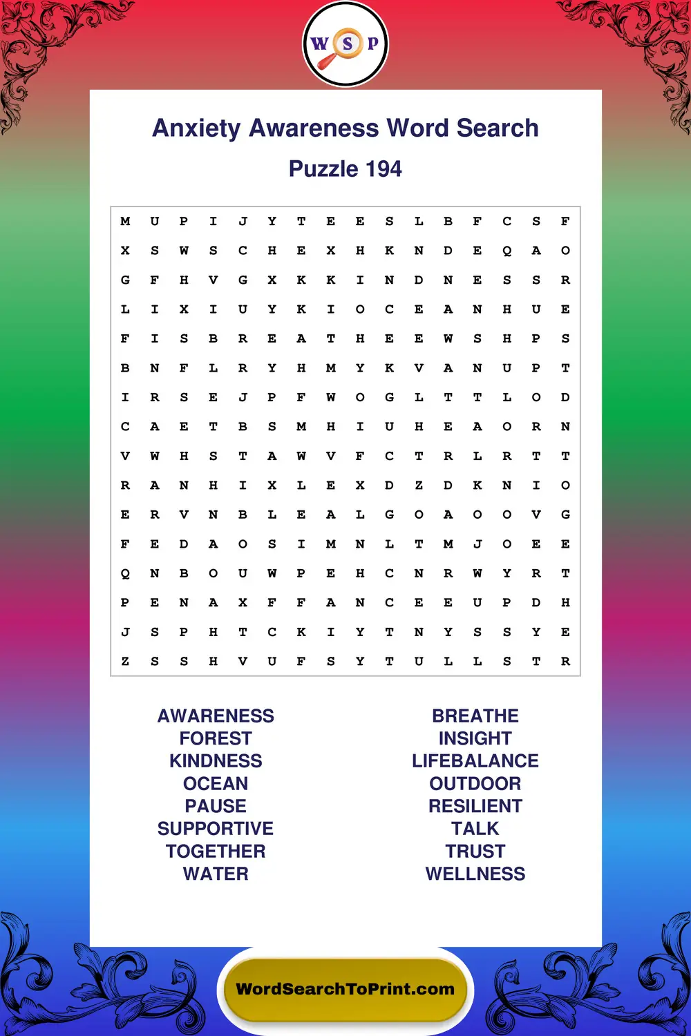 Anxiety Awareness Word Search Puzzle 194