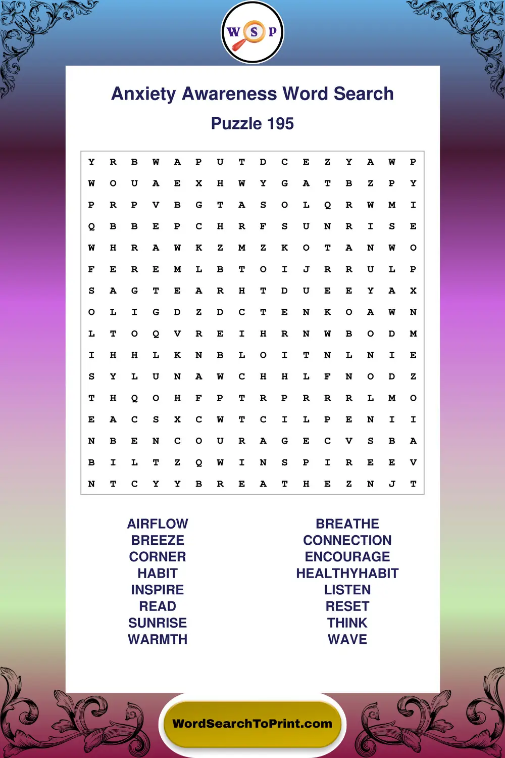 Anxiety Awareness Word Search Puzzle 195