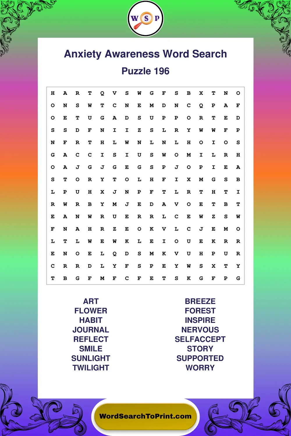 Anxiety Awareness Word Search Puzzle 196