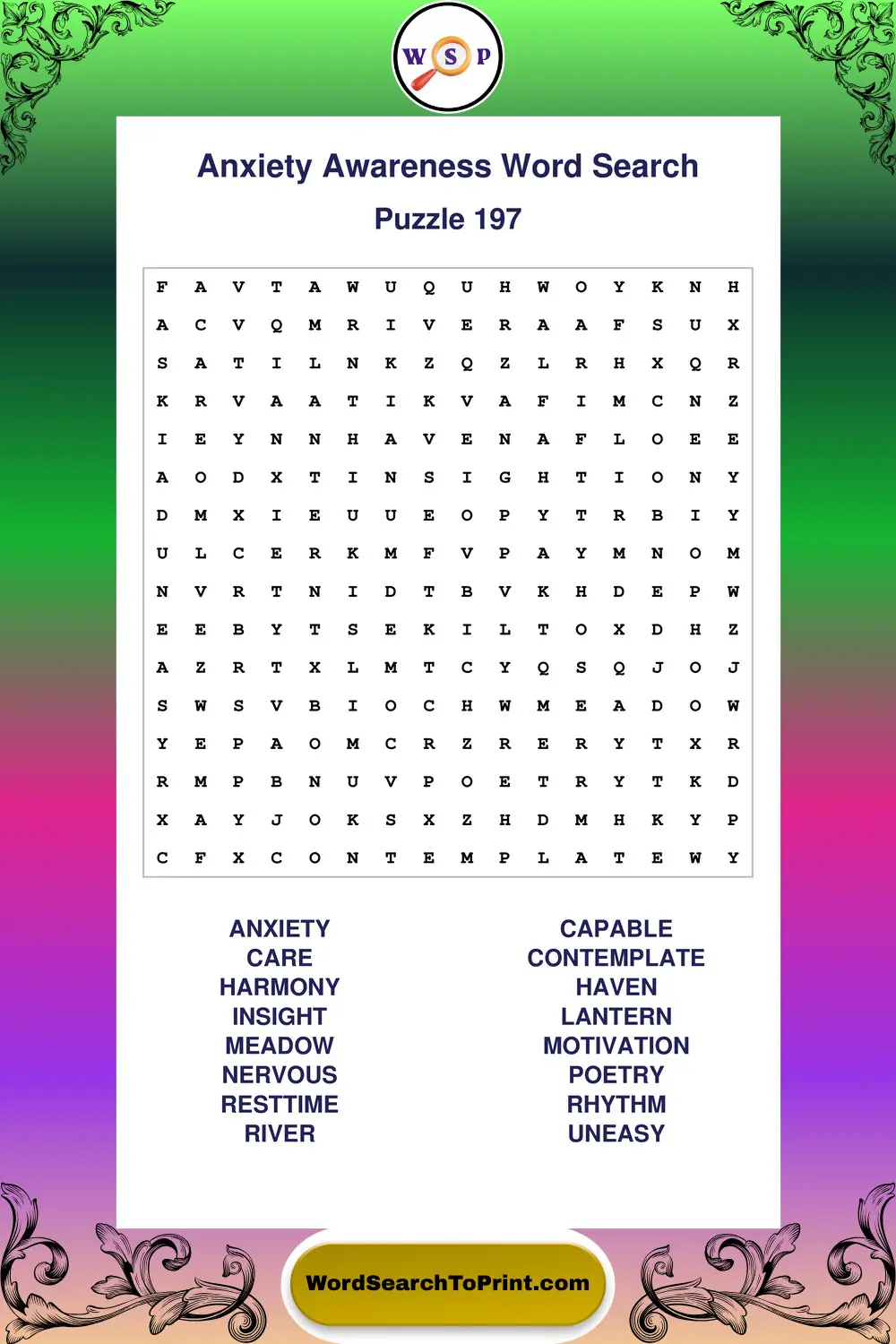 Anxiety Awareness Word Search Puzzle 197