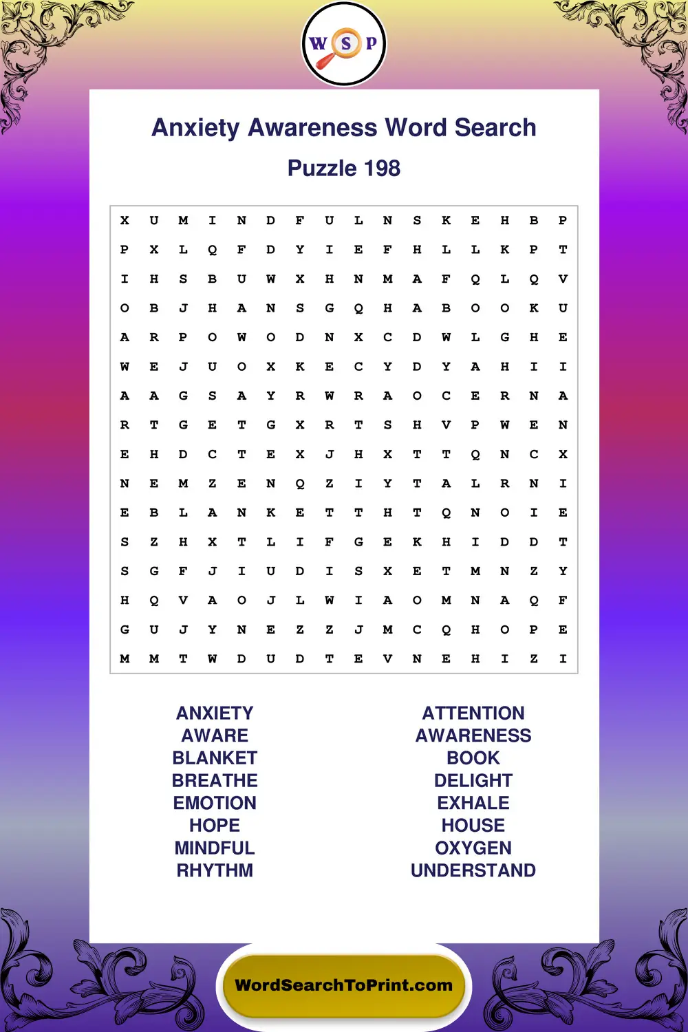 Anxiety Awareness Word Search Puzzle 198