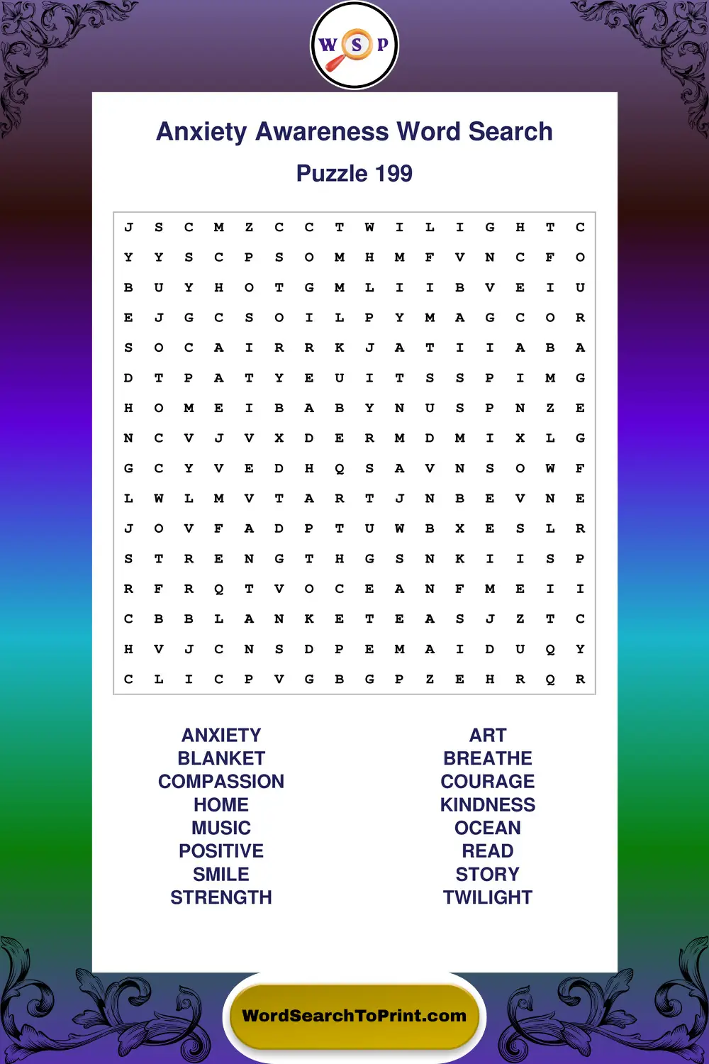 Anxiety Awareness Word Search Puzzle 199