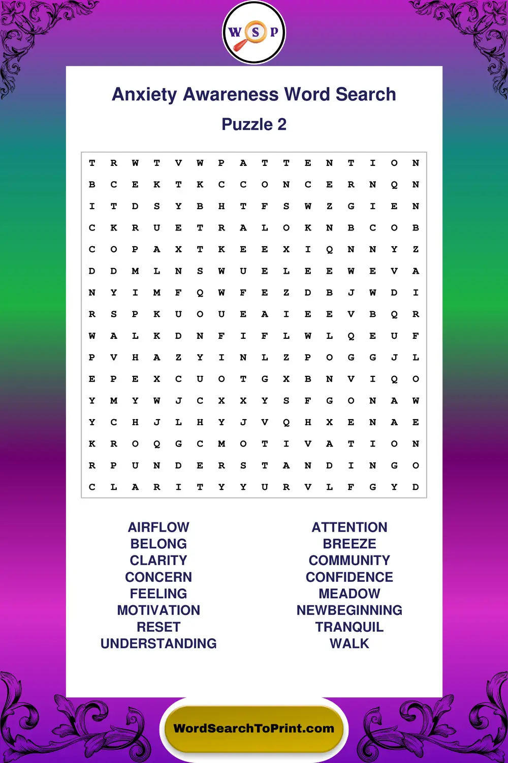 Anxiety Awareness Word Search Puzzle 2