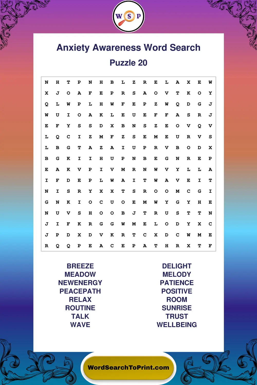 Anxiety Awareness Word Search Puzzle 20