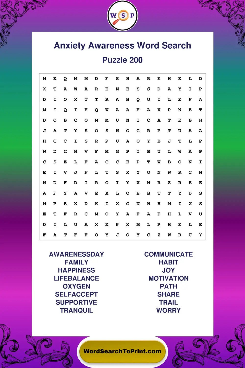 Anxiety Awareness Word Search Puzzle 200