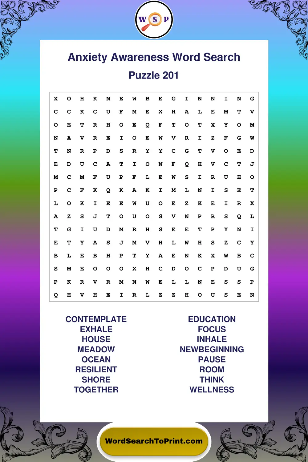 Anxiety Awareness Word Search Puzzle 201