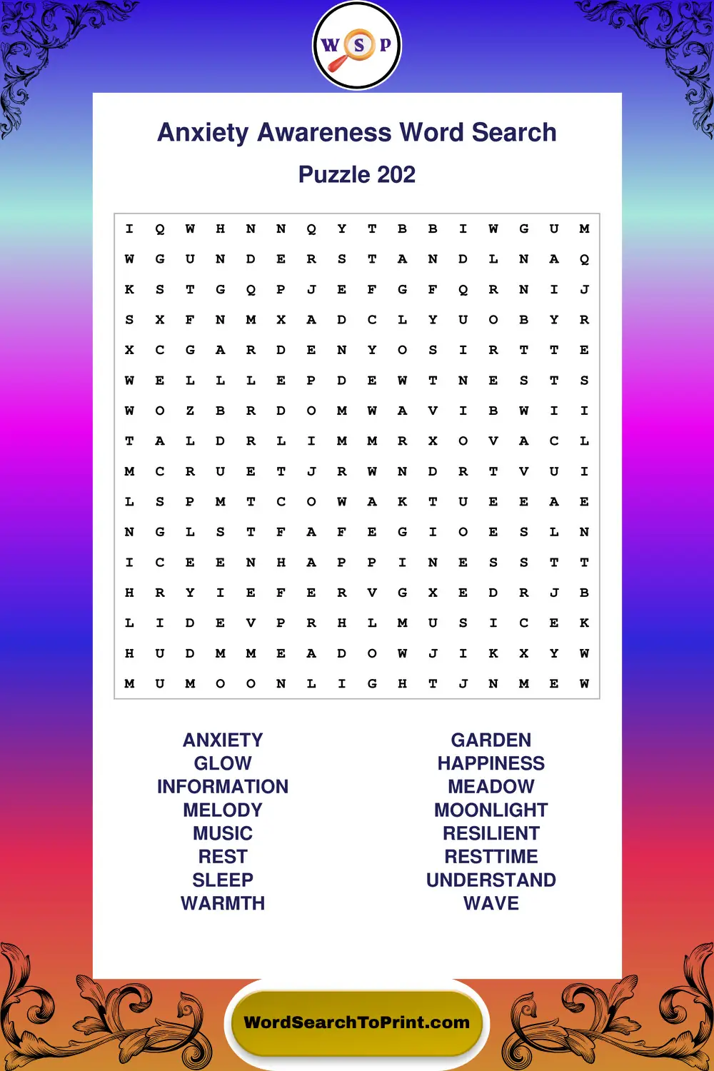 Anxiety Awareness Word Search Puzzle 202