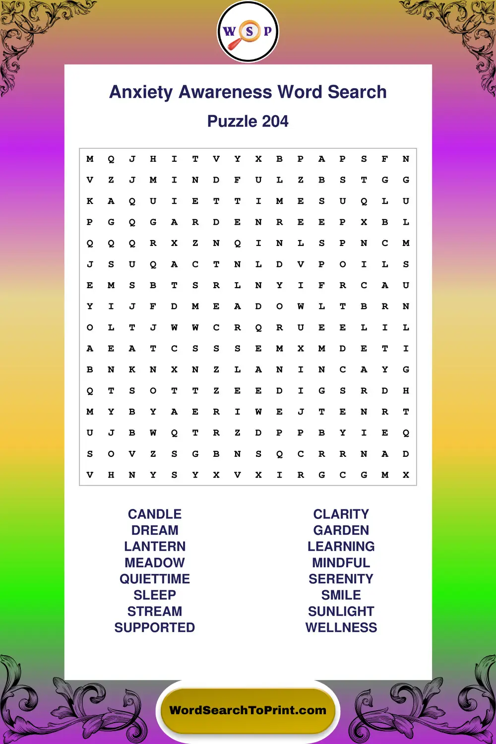 Anxiety Awareness Word Search Puzzle 204