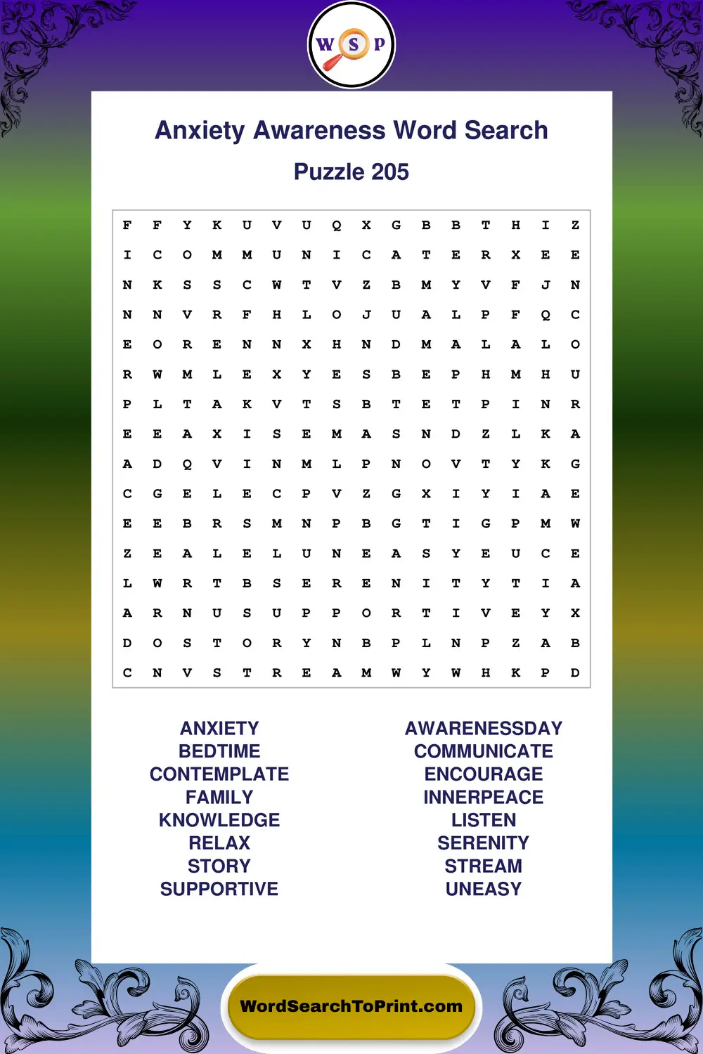 Anxiety Awareness Word Search Puzzle 205