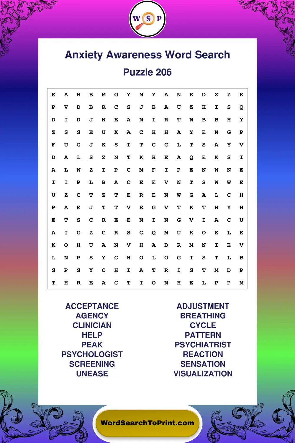 Anxiety Awareness Word Search Puzzle 206